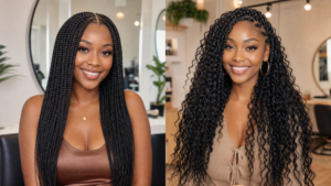 Side by side comparison of knotless box braids and passion twists at Knotless Beauty Bar Killeen TX