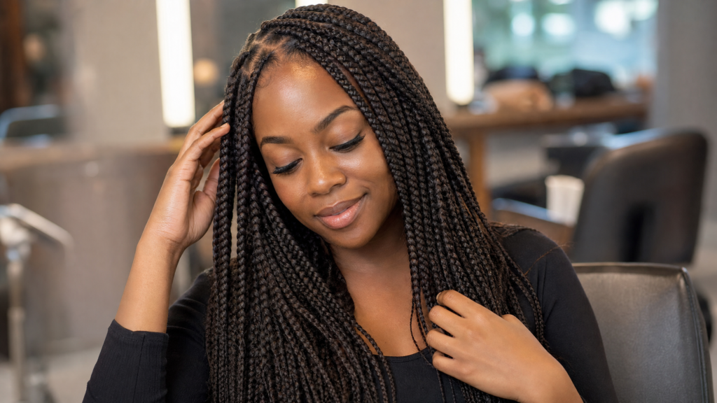 Woman with knotless box braids in salon chair at Knotless Beauty Bar Killeen TX